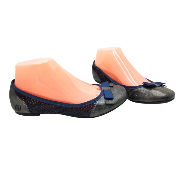 Womens BORN Bow Accent Perforated Eather & Mesh Blue, Metallic Grey Ballet Flats - Picture 2 of 8